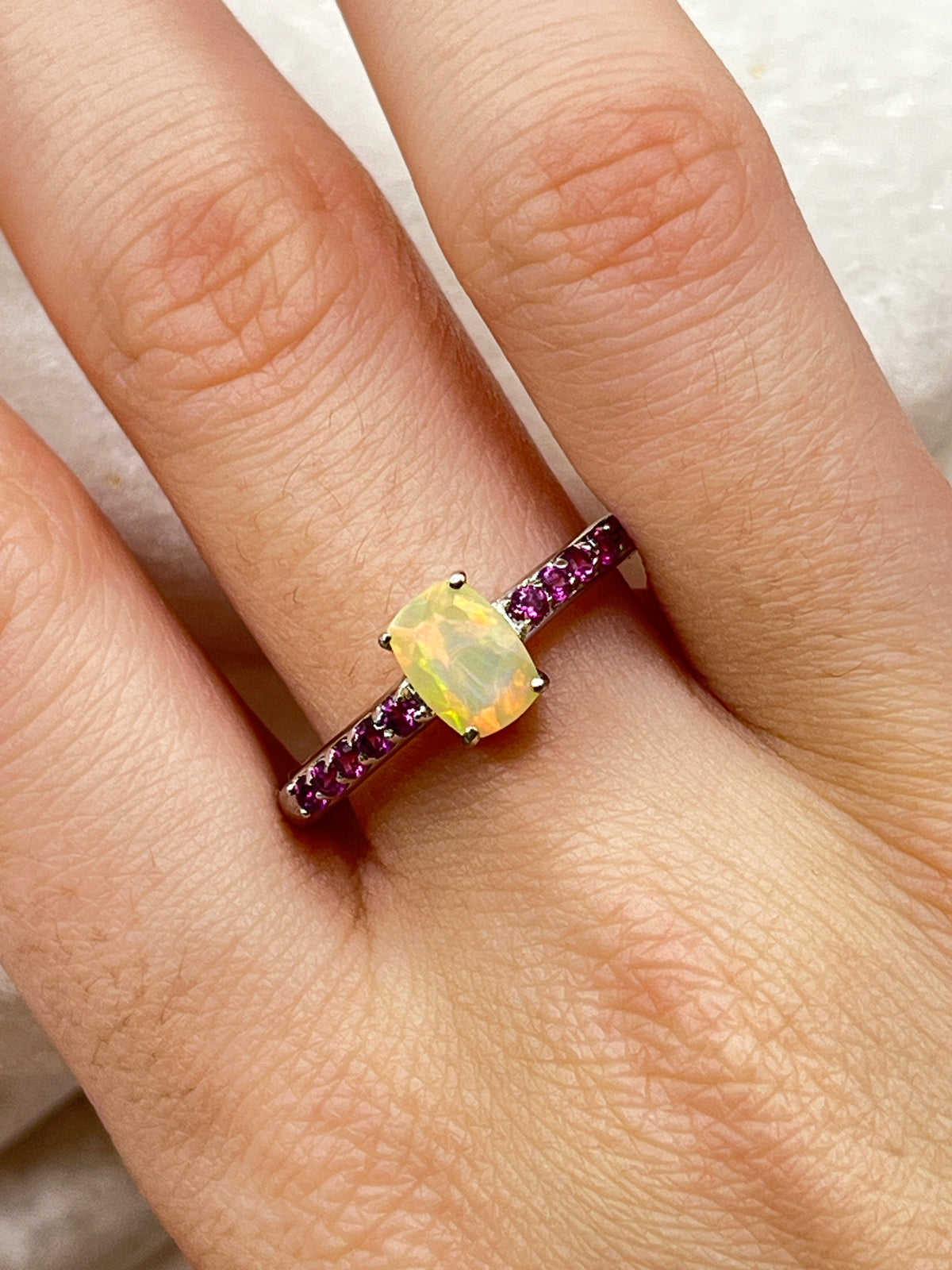 925 Sterling Silver Ethiopian Opal and Pink Tourmaline Ring - Size S