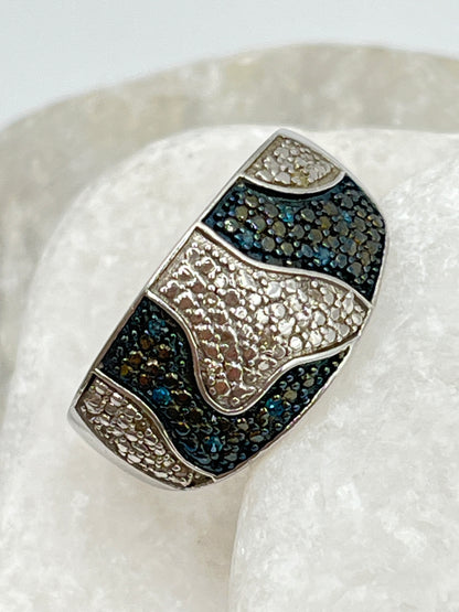 Vintage 925 Sterling Silver Curvy Dome Blue Diamond Ring - Size S