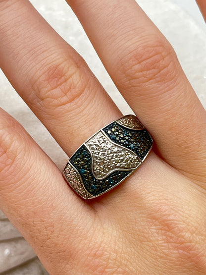 Vintage 925 Sterling Silver Curvy Dome Blue Diamond Ring - Size S