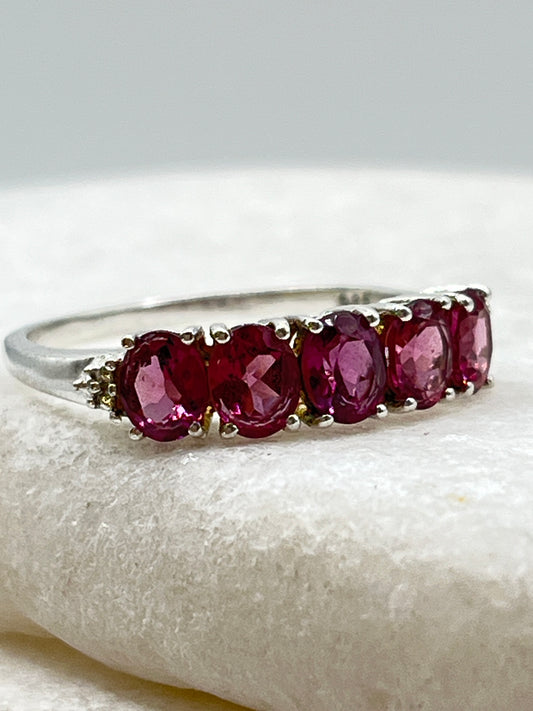925 Sterling Silver Pink Tourmaline Half Eternity Band Ring - Size S.5
