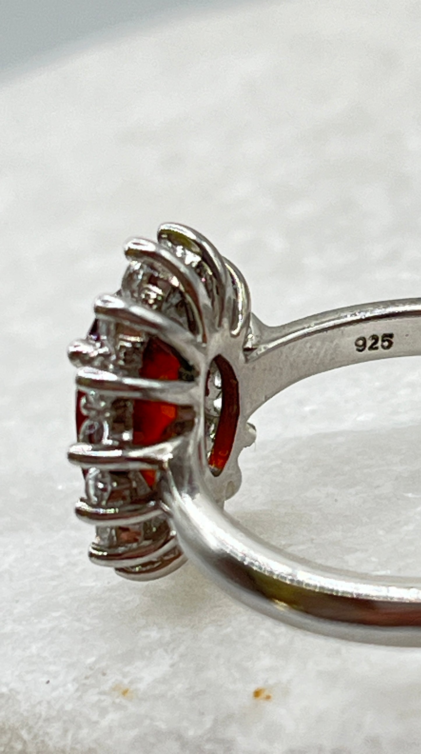 925 Sterling Silver Mexican Fire Opal and White Zircon Halo Ring - Size Q