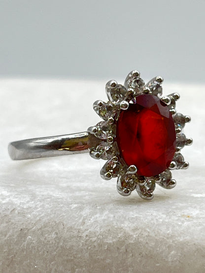 925 Sterling Silver Mexican Fire Opal and White Zircon Halo Ring - Size Q
