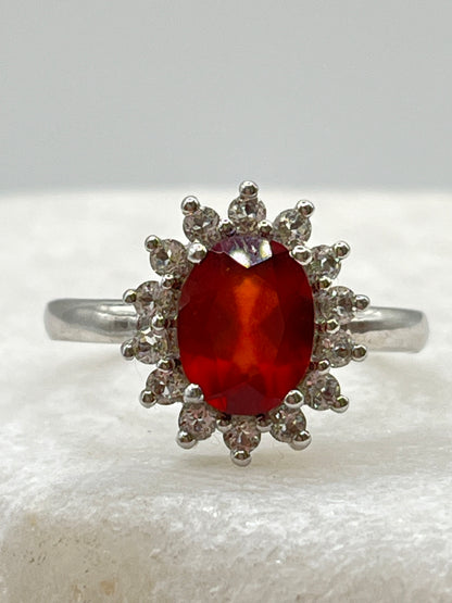 925 Sterling Silver Mexican Fire Opal and White Zircon Halo Ring - Size Q