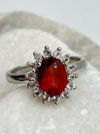 925 Sterling Silver Mexican Fire Opal and White Zircon Halo Ring - Size Q