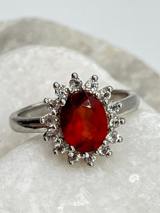 925 Sterling Silver Mexican Fire Opal and White Zircon Halo Ring - Size Q