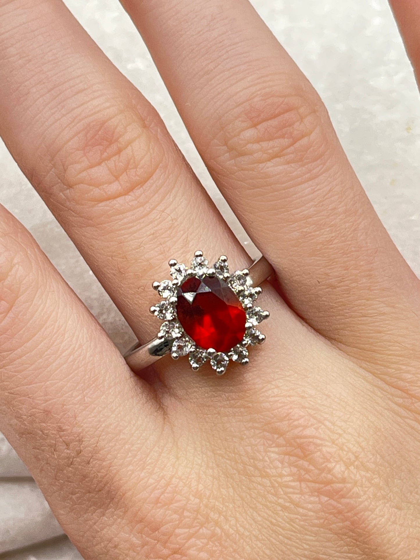 925 Sterling Silver Mexican Fire Opal and White Zircon Halo Ring - Size Q