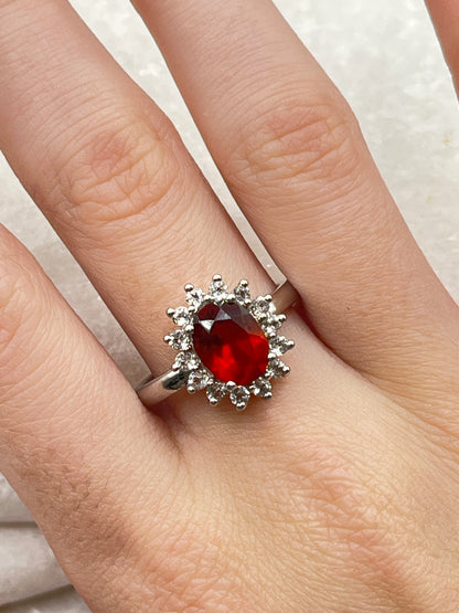925 Sterling Silver Mexican Fire Opal and White Zircon Halo Ring - Size Q