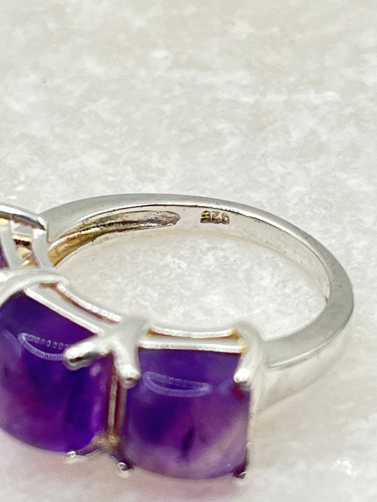 925 Sterling Square Natural Amethyst Cabochon Trilogy Ring - Size K.5