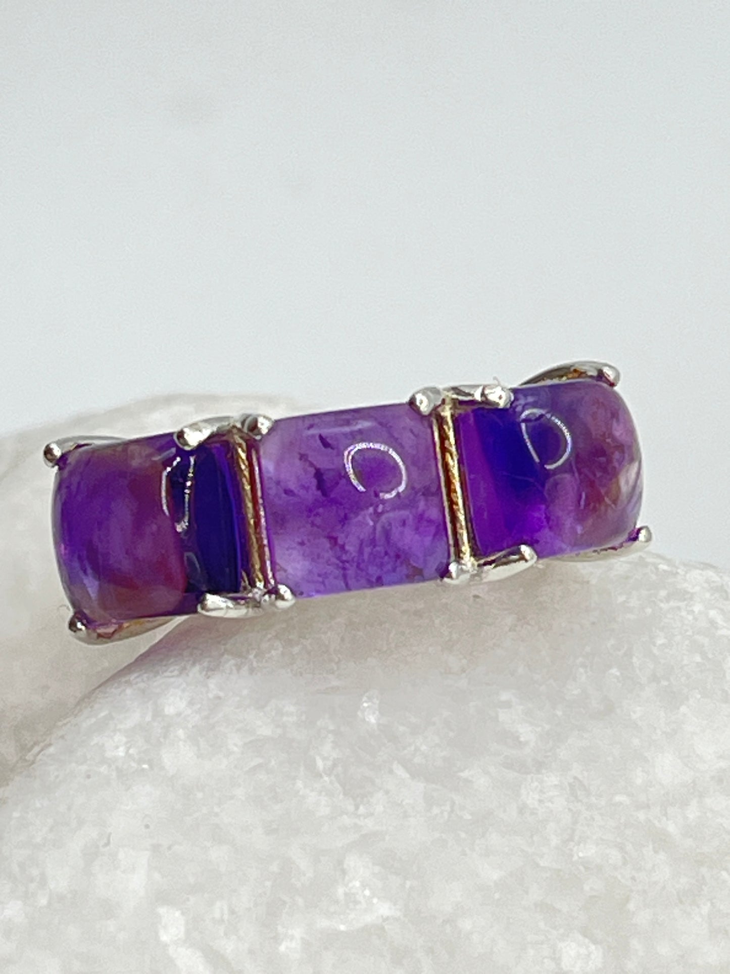 925 Sterling Square Natural Amethyst Cabochon Trilogy Ring - Size K.5