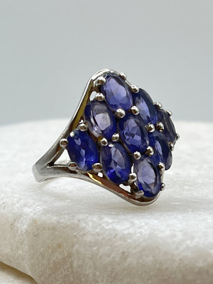 Vintage 925 Sterling Silver Natural Tanzanite Marquise Shaped Cluster Ring - Size O