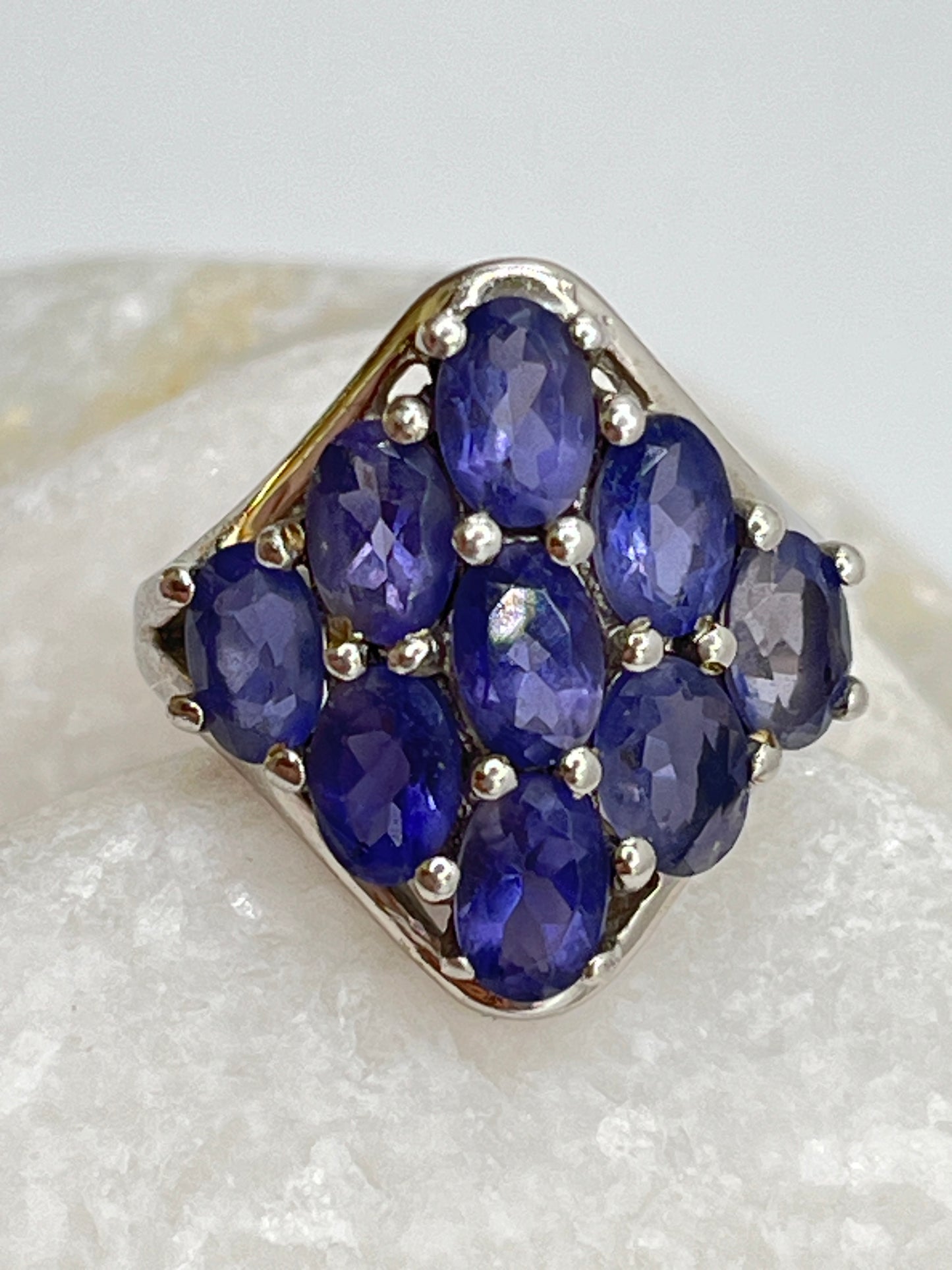 Vintage 925 Sterling Silver Natural Tanzanite Marquise Shaped Cluster Ring - Size O