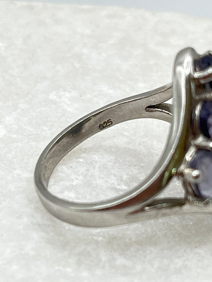 Vintage 925 Sterling Silver Natural Tanzanite Marquise Shaped Cluster Ring - Size O