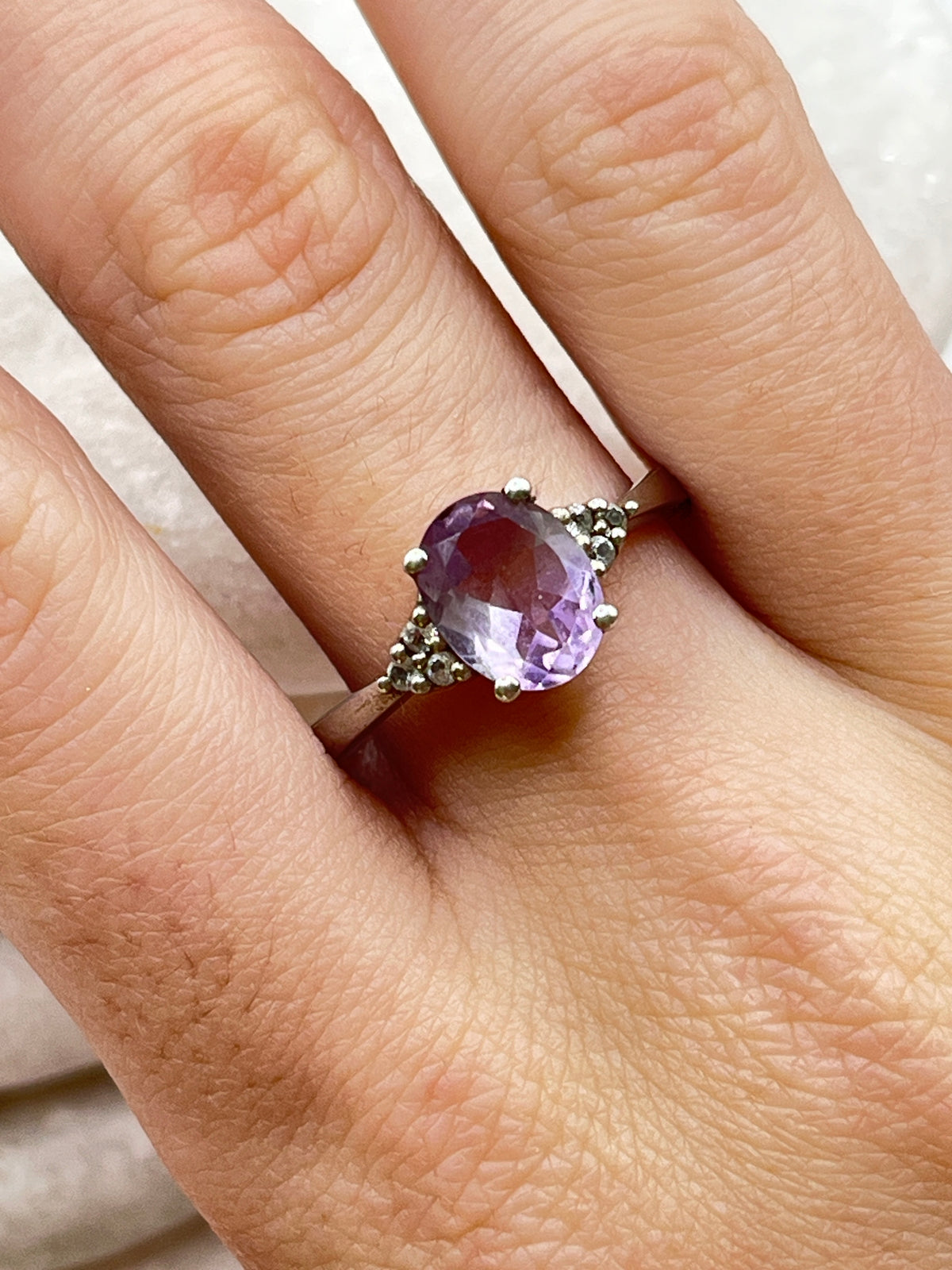 925 Sterling Square Amethyst And Diamond Trilogy Ring - Size S