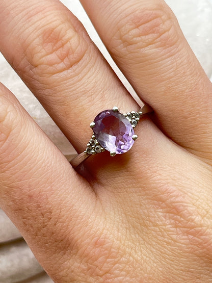 925 Sterling Square Amethyst And Diamond Trilogy Ring - Size S