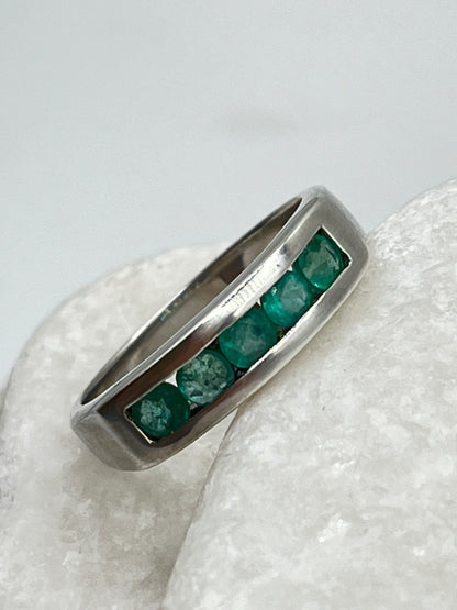 925 Sterling Silver Emerald Channel Set Ring - Size P.5