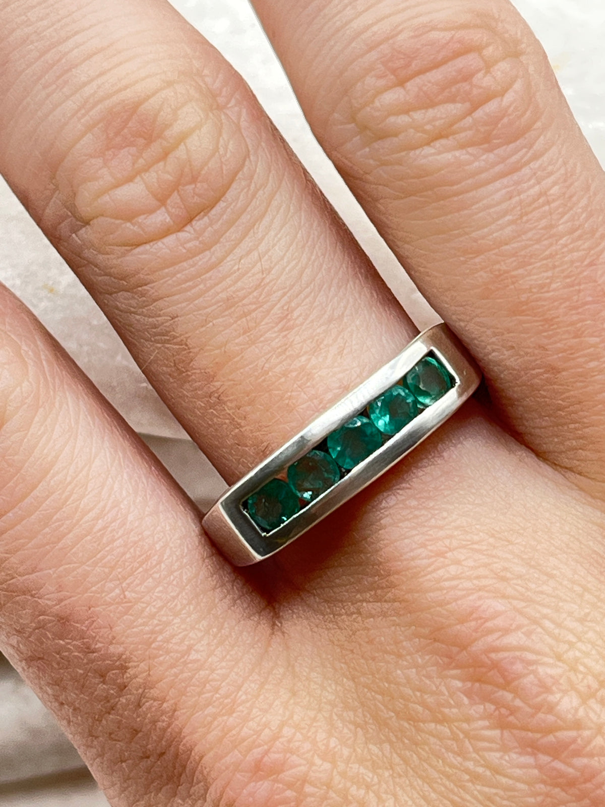 925 Sterling Silver Emerald Channel Set Ring - Size P.5