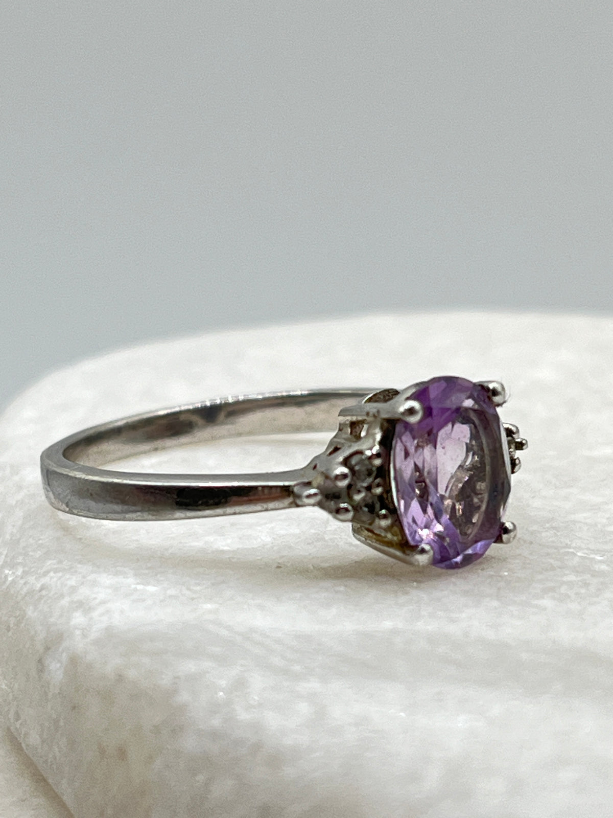 925 Sterling Square Amethyst And Diamond Trilogy Ring - Size S