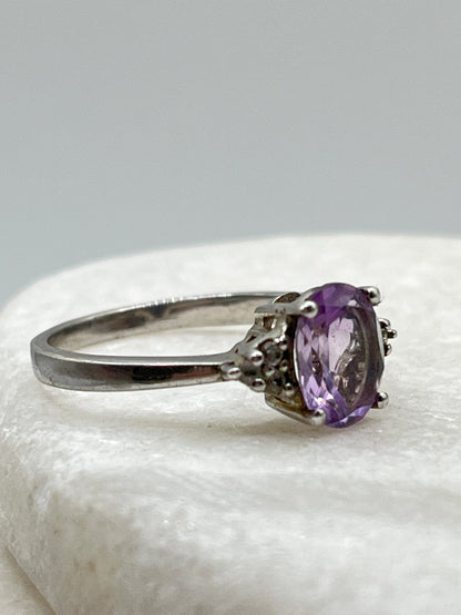 925 Sterling Square Amethyst And Diamond Trilogy Ring - Size S