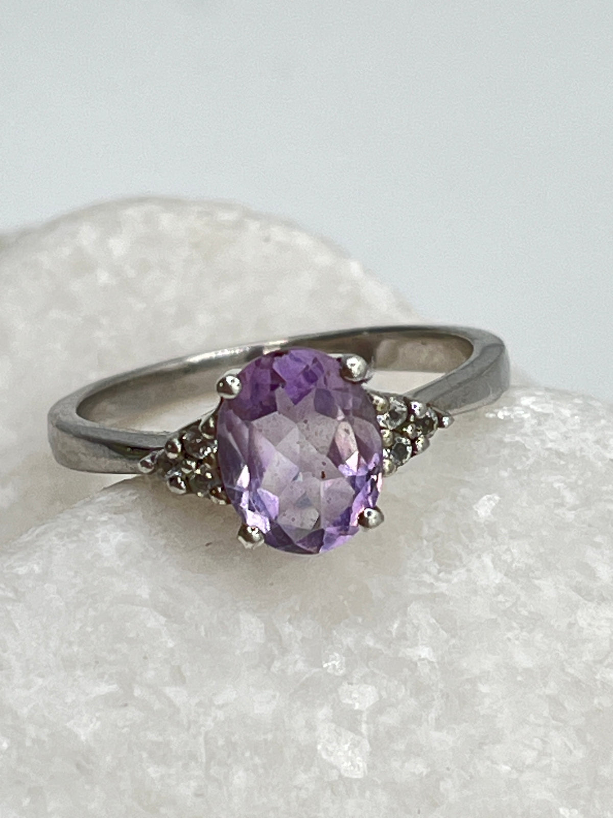 925 Sterling Square Amethyst And Diamond Trilogy Ring - Size S