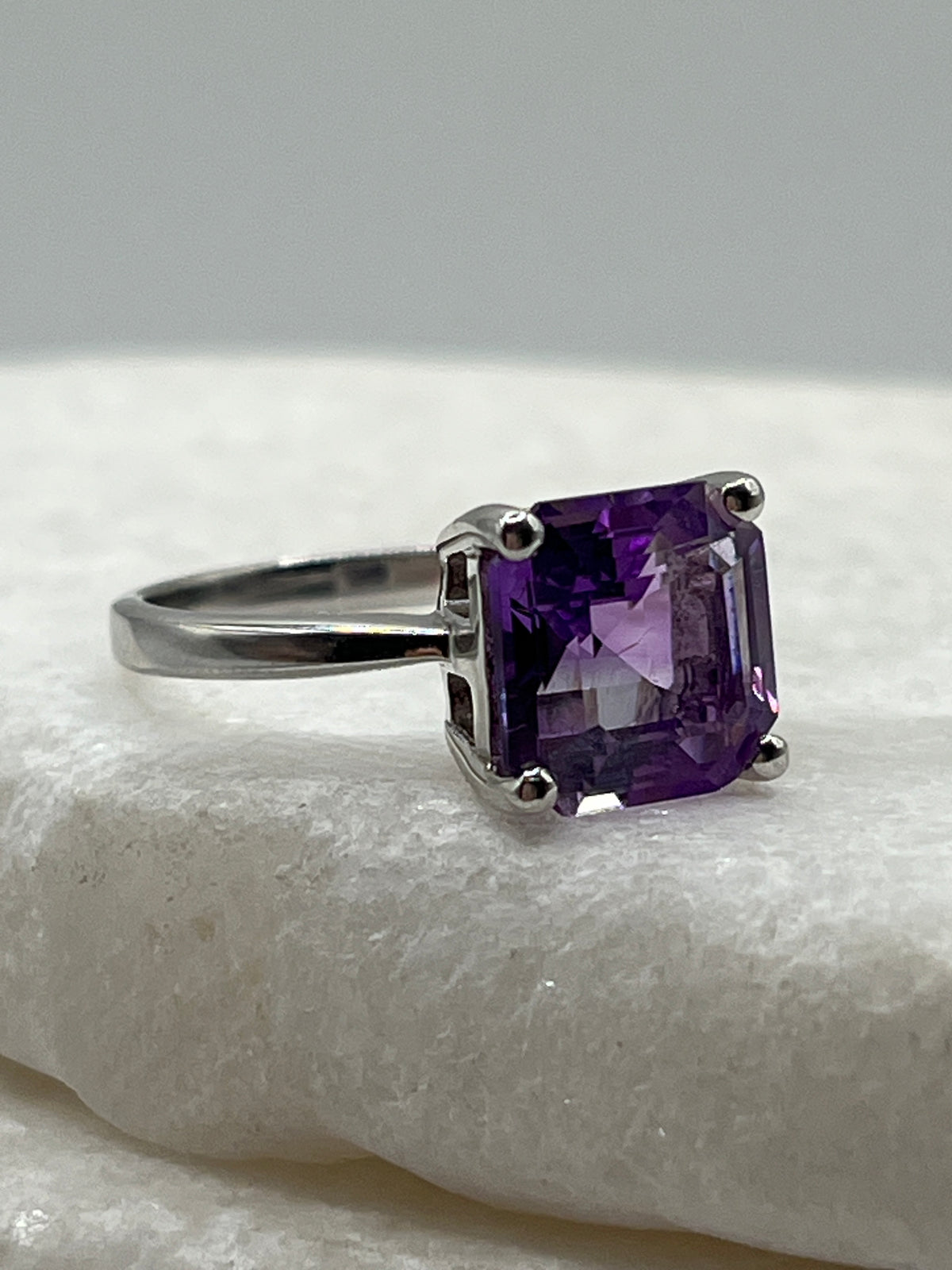 925 Sterling Silver Moroccan Amethyst Asscher Cut Ring - Size M