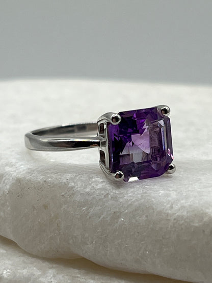 925 Sterling Silver Moroccan Amethyst Asscher Cut Ring - Size M