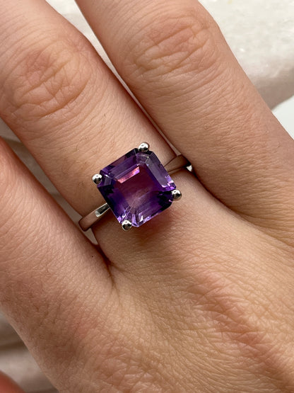 925 Sterling Silver Moroccan Amethyst Asscher Cut Ring - Size M