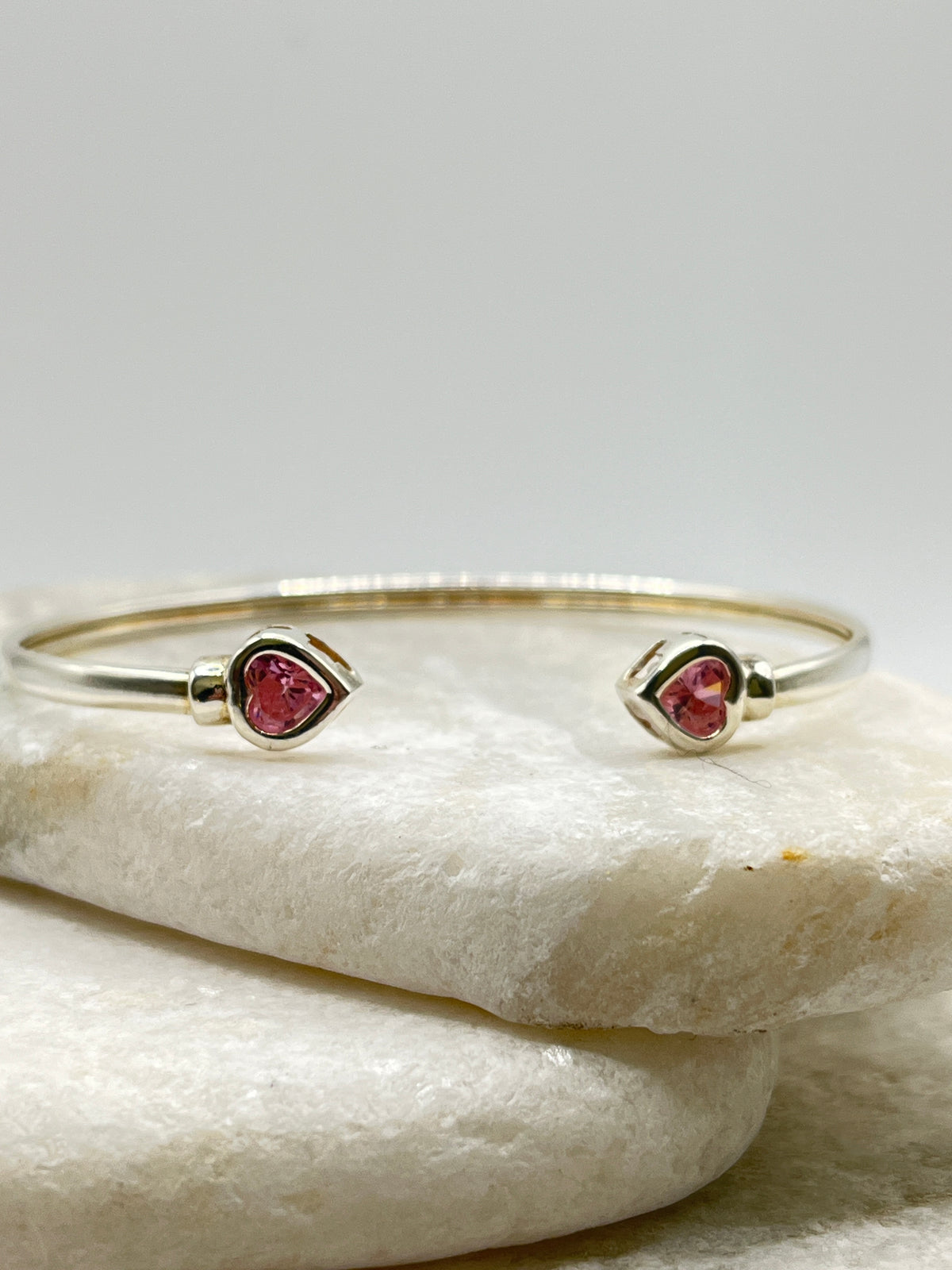 925 Sterling Silver CZ Pink Heart Cuff Bangle