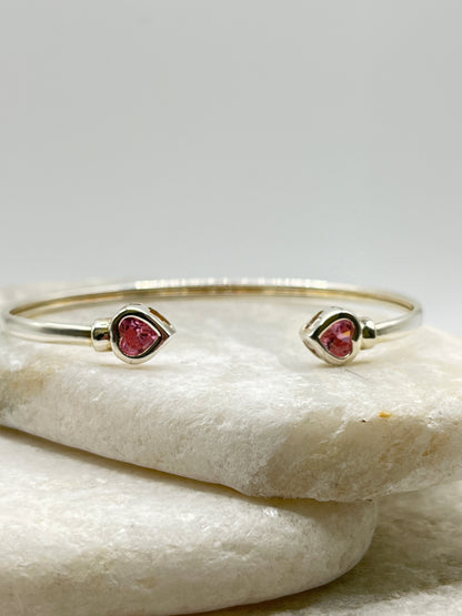 925 Sterling Silver CZ Pink Heart Cuff Bangle
