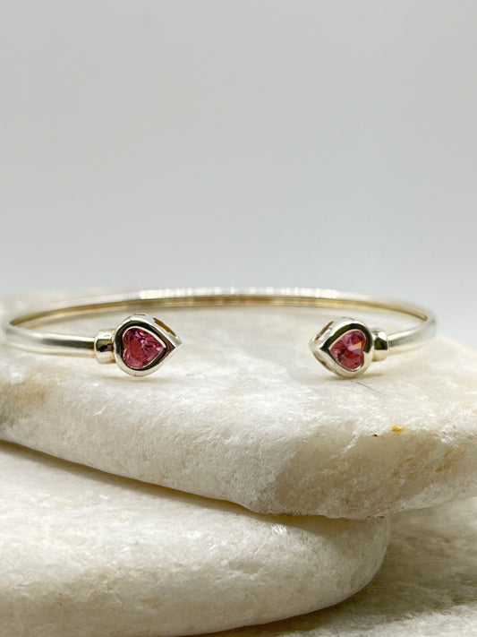 925 Sterling Silver CZ Pink Heart Cuff Bangle
