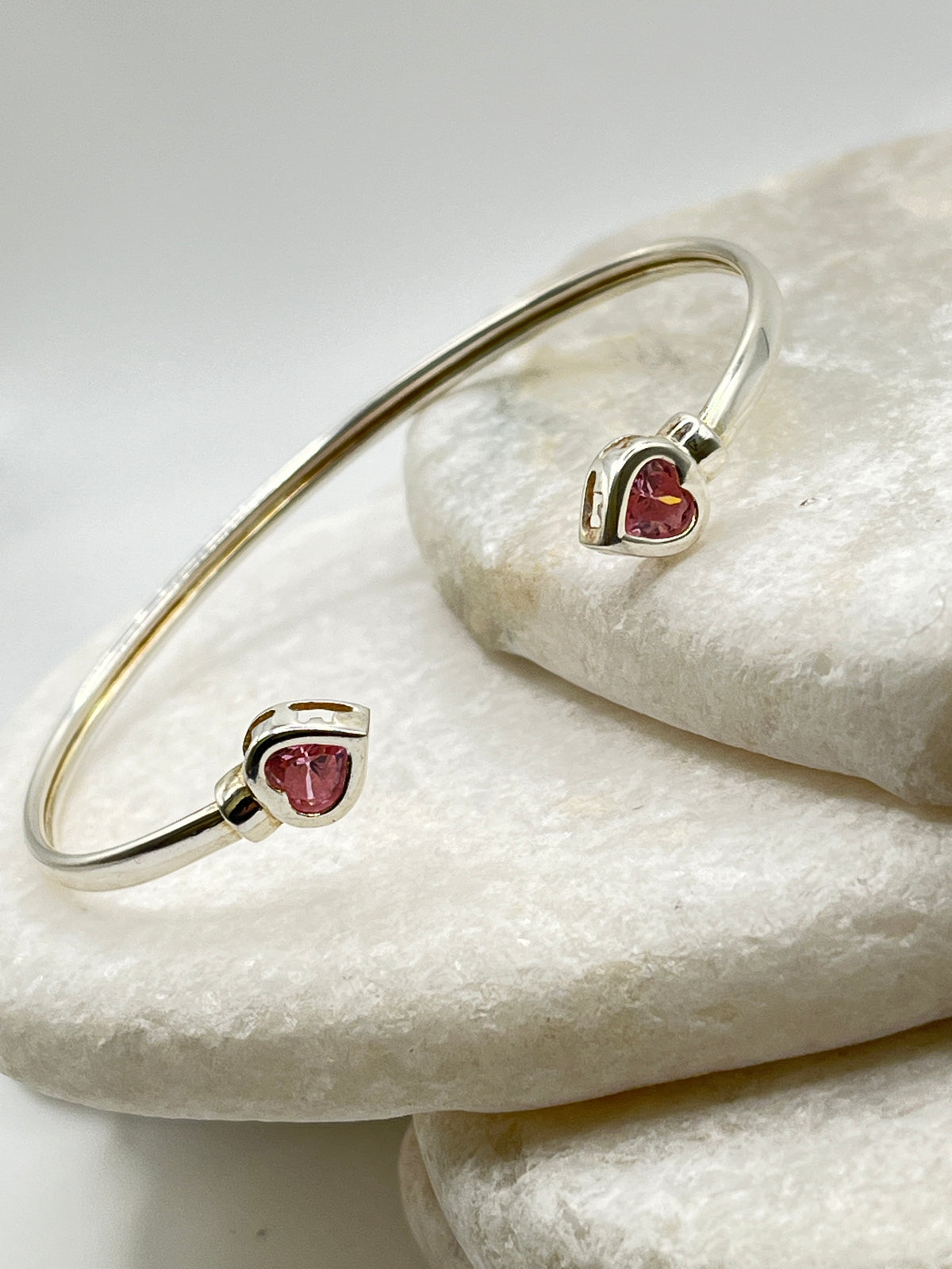 925 Sterling Silver CZ Pink Heart Cuff Bangle