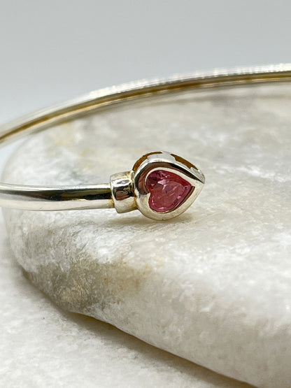 925 Sterling Silver CZ Pink Heart Cuff Bangle