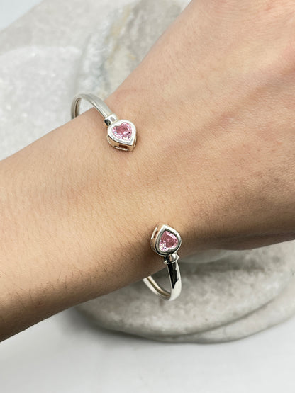 925 Sterling Silver CZ Pink Heart Cuff Bangle