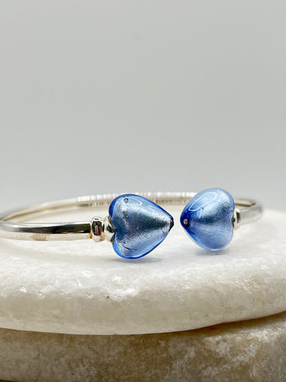 925 Sterling Silver Murano Blue Glass Cuff Bangle