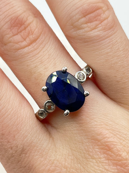 Vintage 925 Sterling Silver Sapphire With White Zircon  Ring - Size Q
