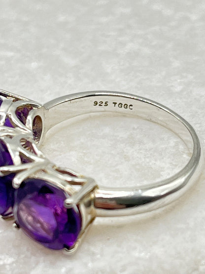 925 Sterling Silver Amethyst Trilogy Ring - Size O