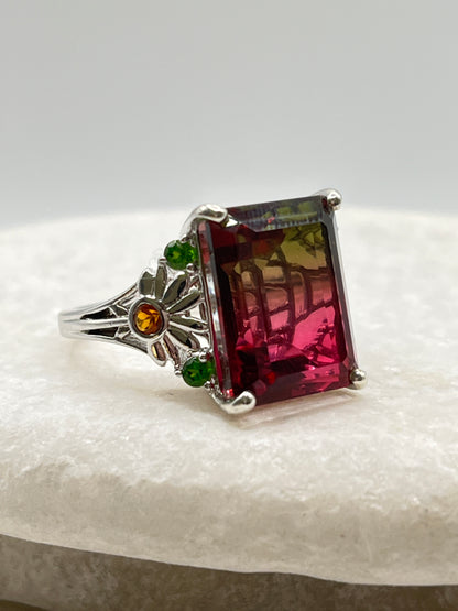 925 Sterling Silver Watermelon Tourmaline Doublet and Chrome Diopside Ring - Size T