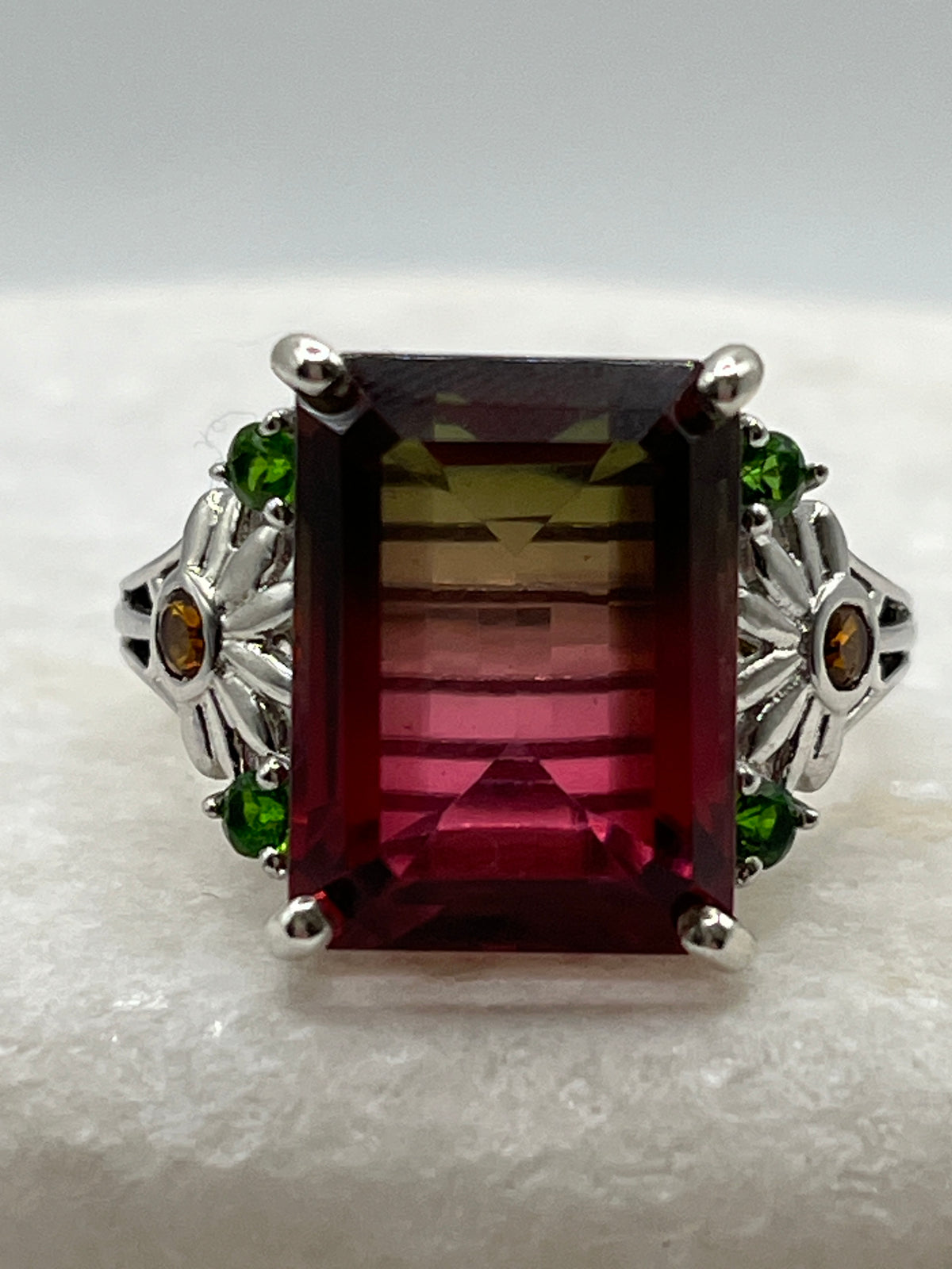 925 Sterling Silver Watermelon Tourmaline Doublet and Chrome Diopside Ring - Size T