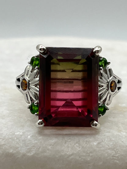 925 Sterling Silver Watermelon Tourmaline Doublet and Chrome Diopside Ring - Size T
