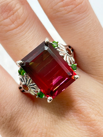 925 Sterling Silver Watermelon Tourmaline Doublet and Chrome Diopside Ring - Size T