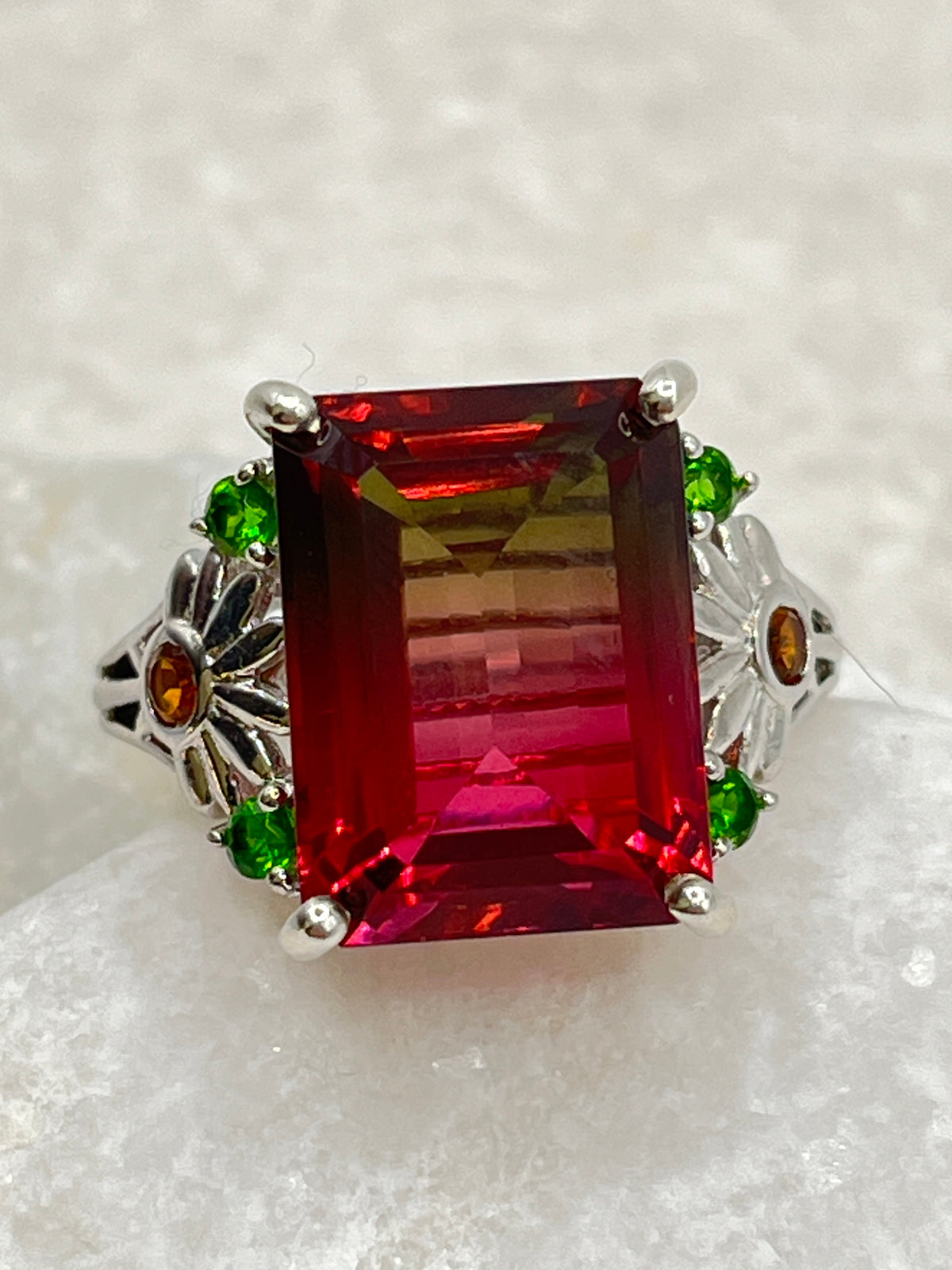 925 Sterling Silver Watermelon Tourmaline Doublet and Chrome Diopside Ring - Size T