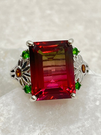 925 Sterling Silver Watermelon Tourmaline Doublet and Chrome Diopside Ring - Size T
