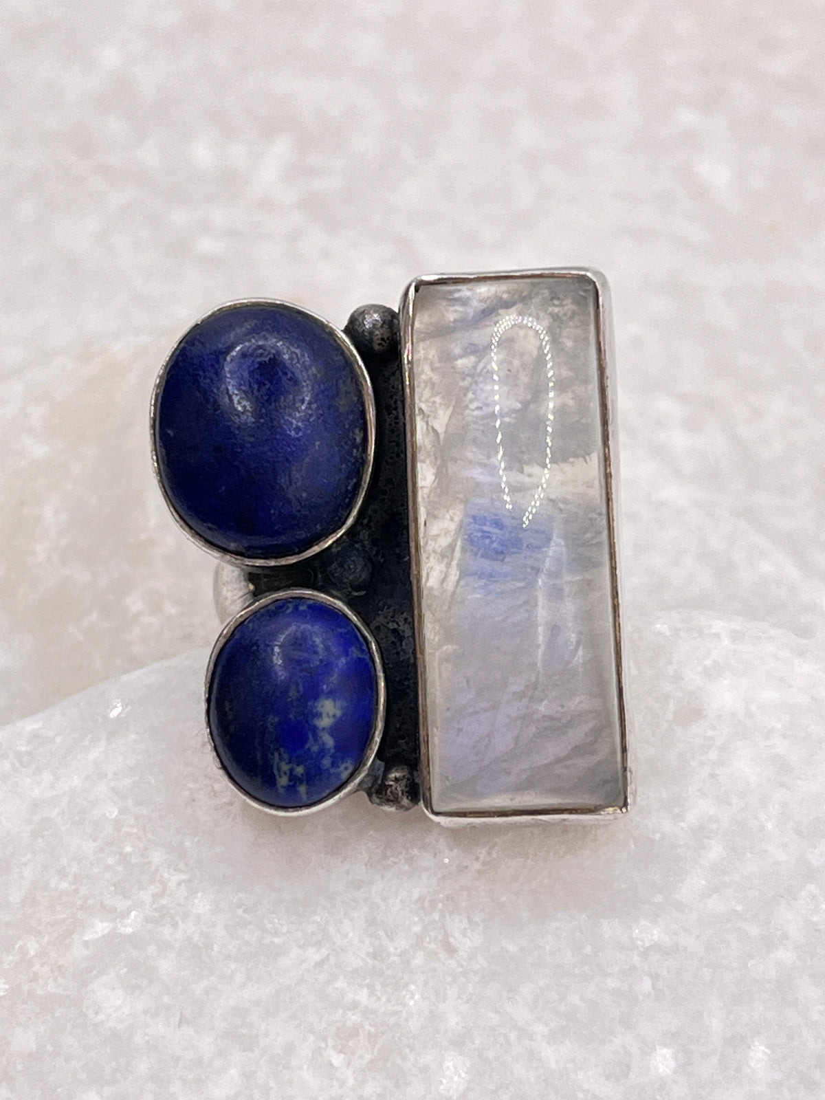 925 Sterling Silver Moonstone And Lapis Lazuli Ring - Size O