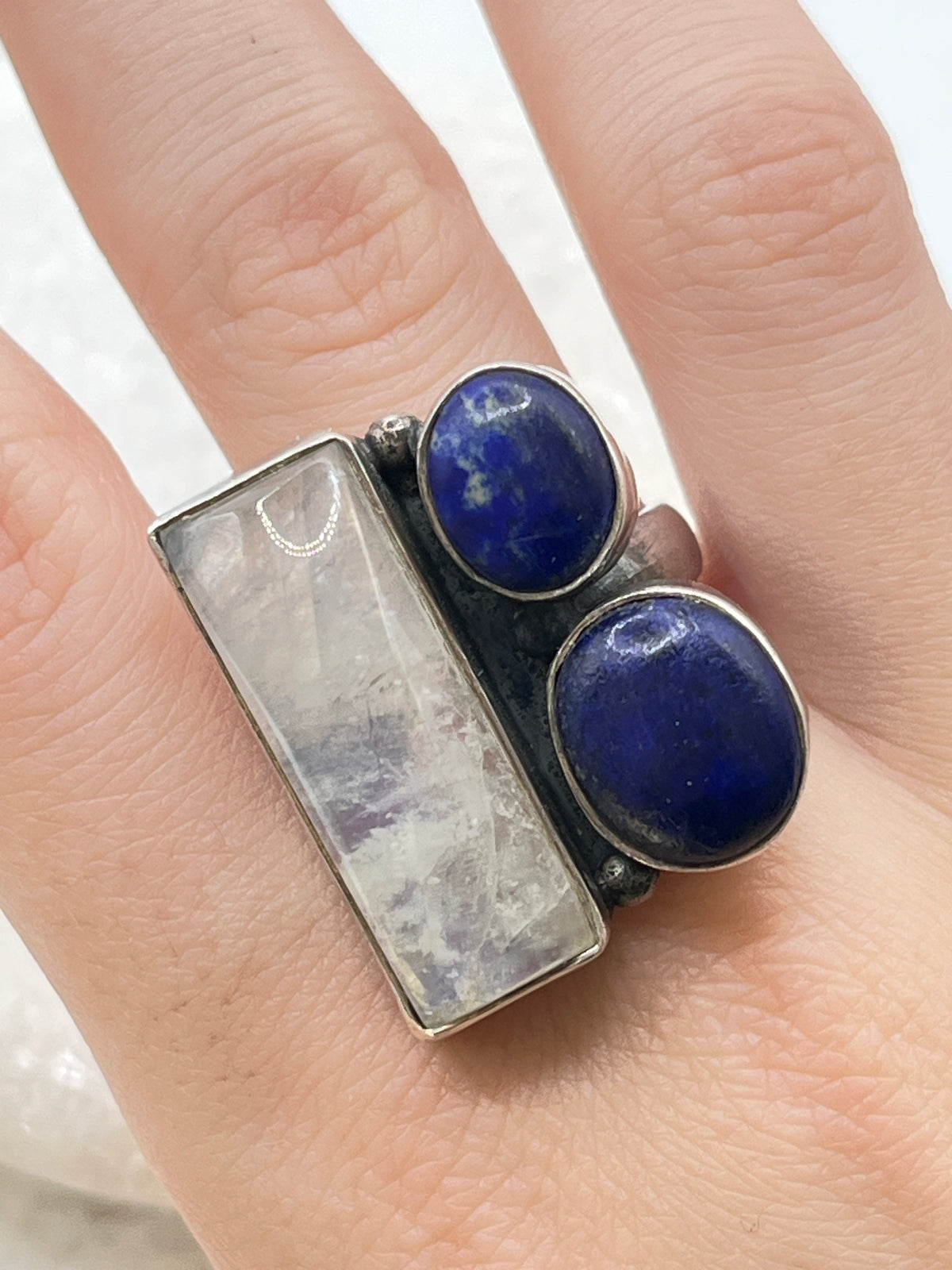 925 Sterling Silver Moonstone And Lapis Lazuli Ring - Size O