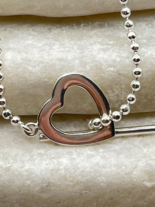 925 Sterling Silver Heart T-Bar Bracelet
