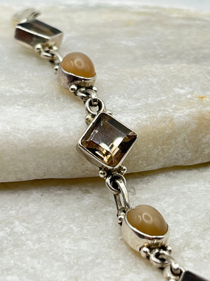 925 Sterling Silver Smoky Quartz and Moonstone Bracelet