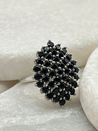 925 Sterling Silver Black Spinel Cluster Ring - Size M