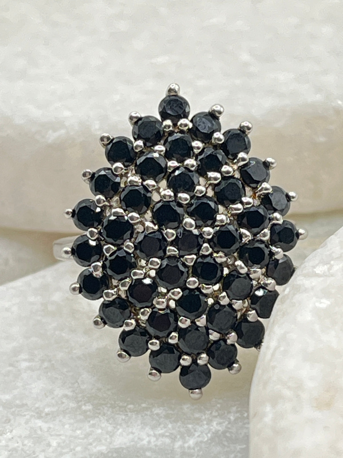 925 Sterling Silver Black Spinel Cluster Ring - Size M