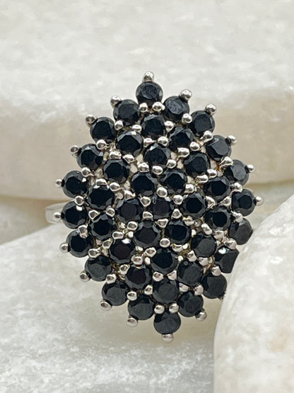 925 Sterling Silver Black Spinel Cluster Ring - Size M
