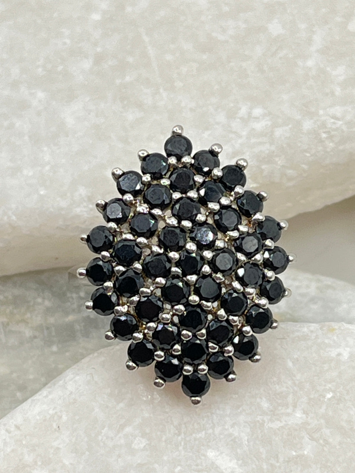 925 Sterling Silver Black Spinel Cluster Ring - Size M