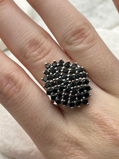 925 Sterling Silver Black Spinel Cluster Ring - Size M